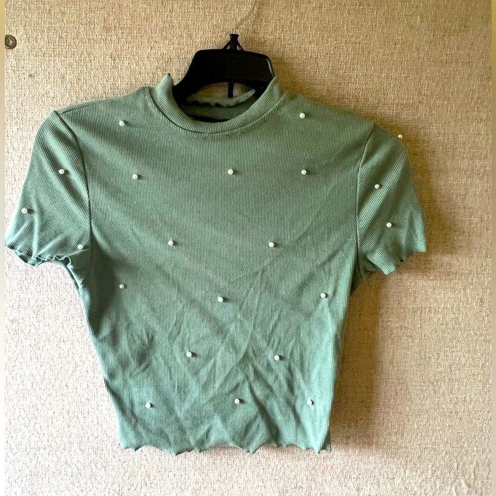 Mint Green Crop Top Pearl Details